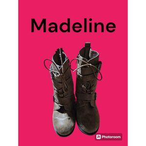 Madeline Stone Brown Buckle‎ Booties Knit Cuffed Size 8.5